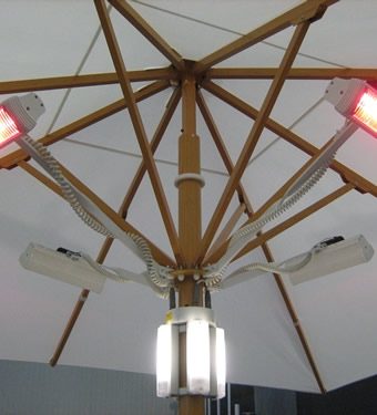 Sterke parasol met mastverlichting en stralingsverwarming in werking ARC +32 496 55 99 99