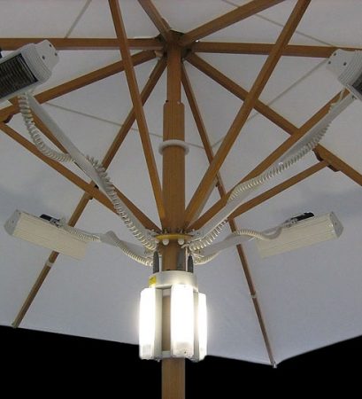 Sterke parasol met mastverlichting en stralingsverwarming in werking ARC +32 496 55 99 99